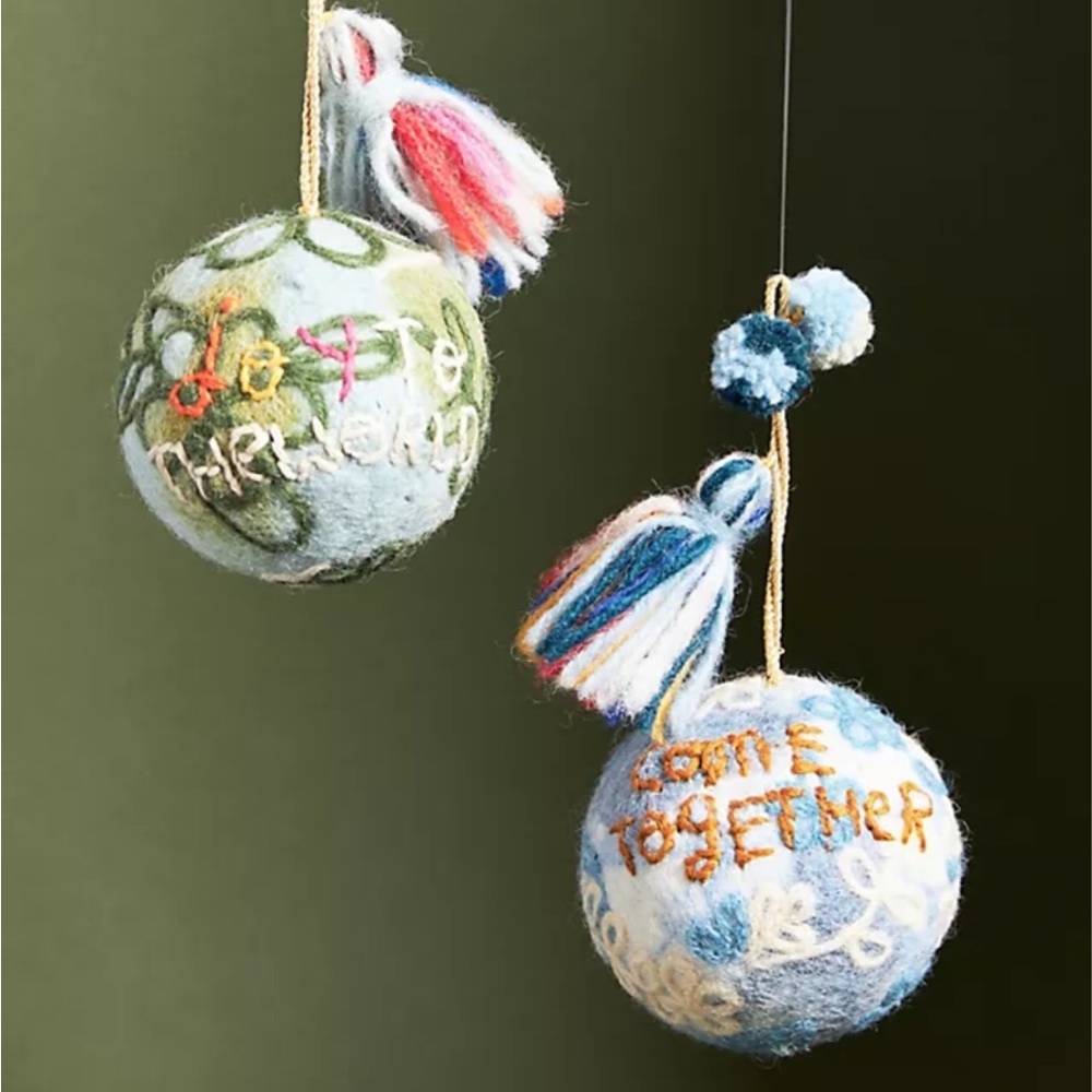 2 NWT Anthropologie Christmas Wool Ornaments Joy to the World Come Together